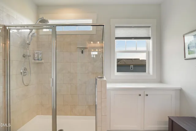 a bathroom with a shower and a window