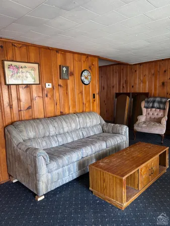 a living room with furniture and a bed