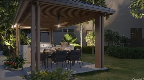 a view of patio with table and chairs potted plants and floor to ceiling window
