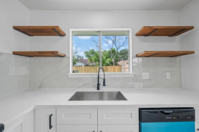 a kitchen with a sink and a potted plant