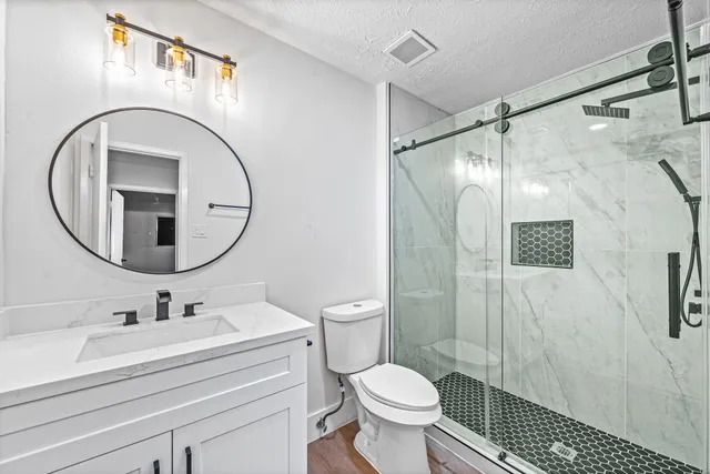 a bathroom with a sink toilet a mirror and shower