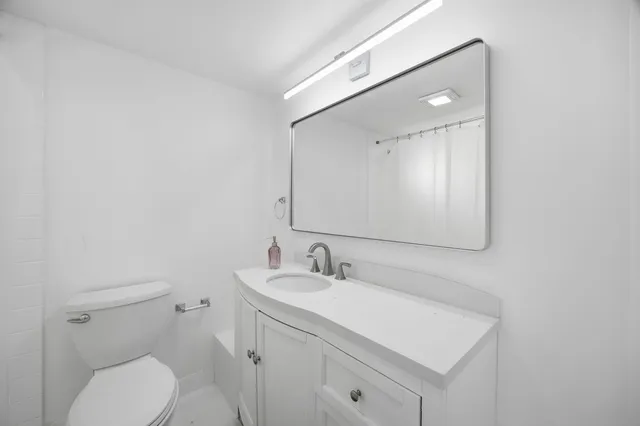 a bathroom with a toilet a sink a mirror and vanity