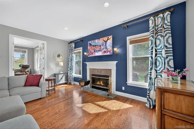 a living room with furniture window and a fireplace