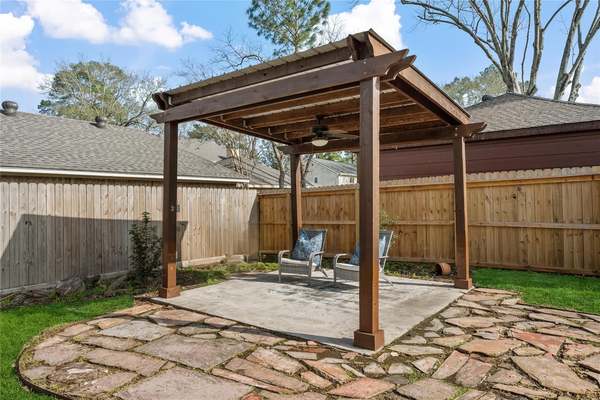 19702 Sweet Forest Lane Humble, TX 77346 - Photo 28 of 30 This backyard features a charming pergola on a stone patio, surrounded by a wooden fence and lush greenery, offering a cozy outdoor retreat.