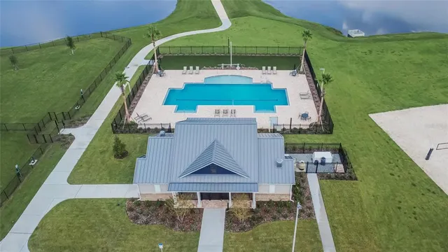 a view of a swimming pool with a yard