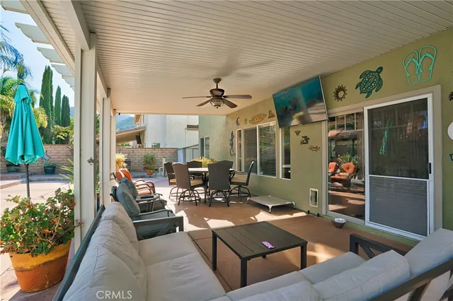 a view of a dining room with furniture wooden floor and a potted plant