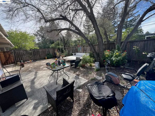 a view of backyard with seating space and trees