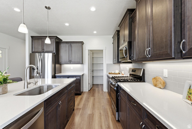 108 West Monte Rosa Lane Midway, UT 84049 - Photo 8 of 48 Contemporary kitchen featuring dark wood cabinetry, light countertops, stainless steel appliances, and wood-finish flooring