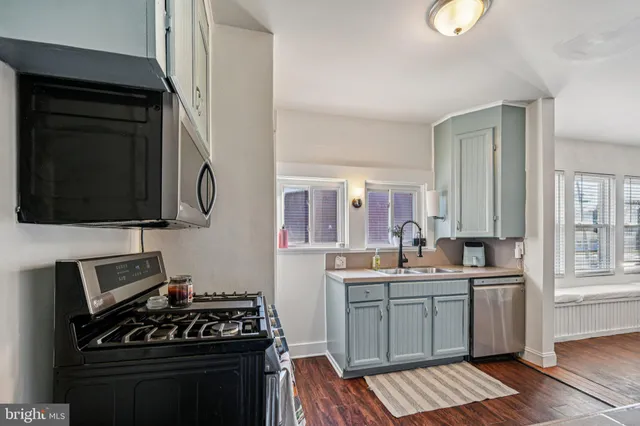 a kitchen with stainless steel appliances a stove a sink and a microwave