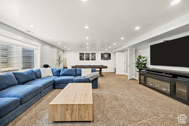 2280 South 450 West Perry, UT 84302 - Photo 27 of 38 Carpeted living room featuring billiards, recessed lighting, and a textured ceiling