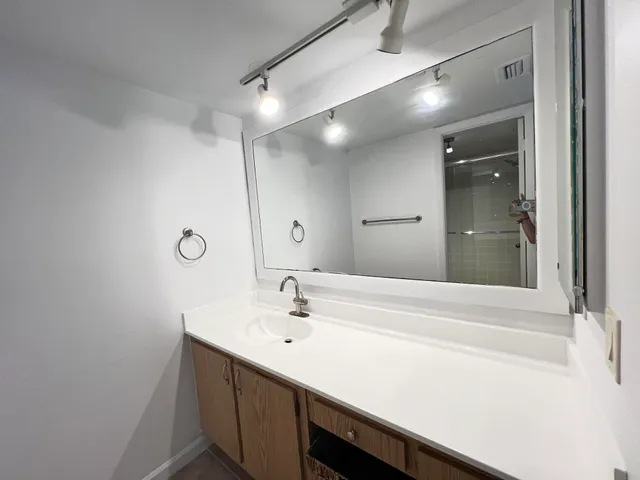 a bathroom with a sink and a mirror