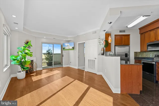 a living room with furniture a potted plant and a wooden floor
