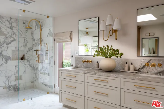 a bathroom with a granite countertop sink a potted plant and a shower