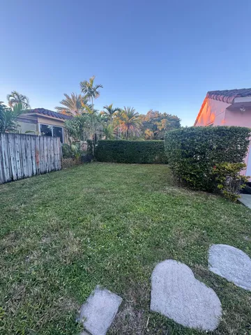 a view of a backyard with potted plants and a palm tree