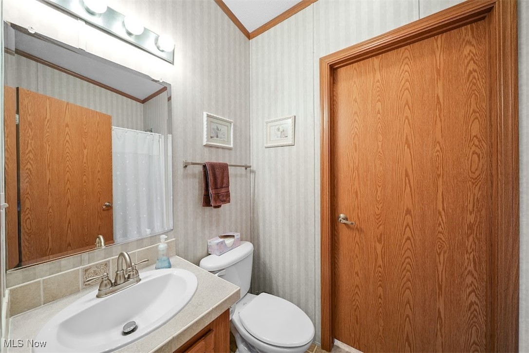 17296 Old State Road Middlefield, OH 44062 - Photo 21 of 44 Bathroom with vanity, toilet, and crown molding