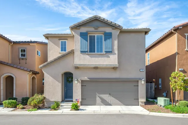 a front view of a house with garage and plants