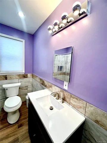 a bathroom with a sink a toilet and mirror