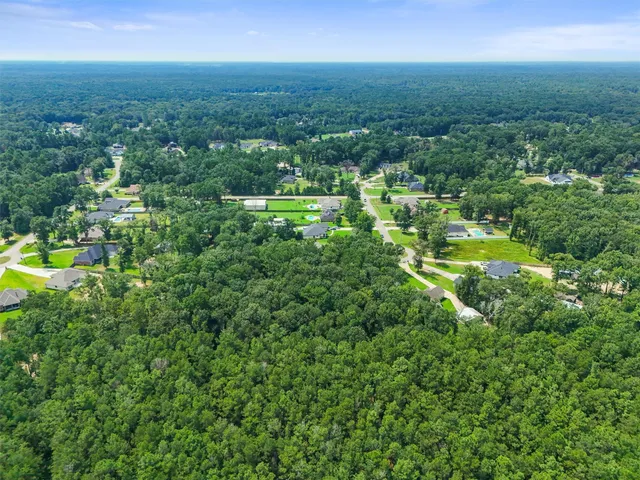 an aerial view of residential houses with outdoor space and trees