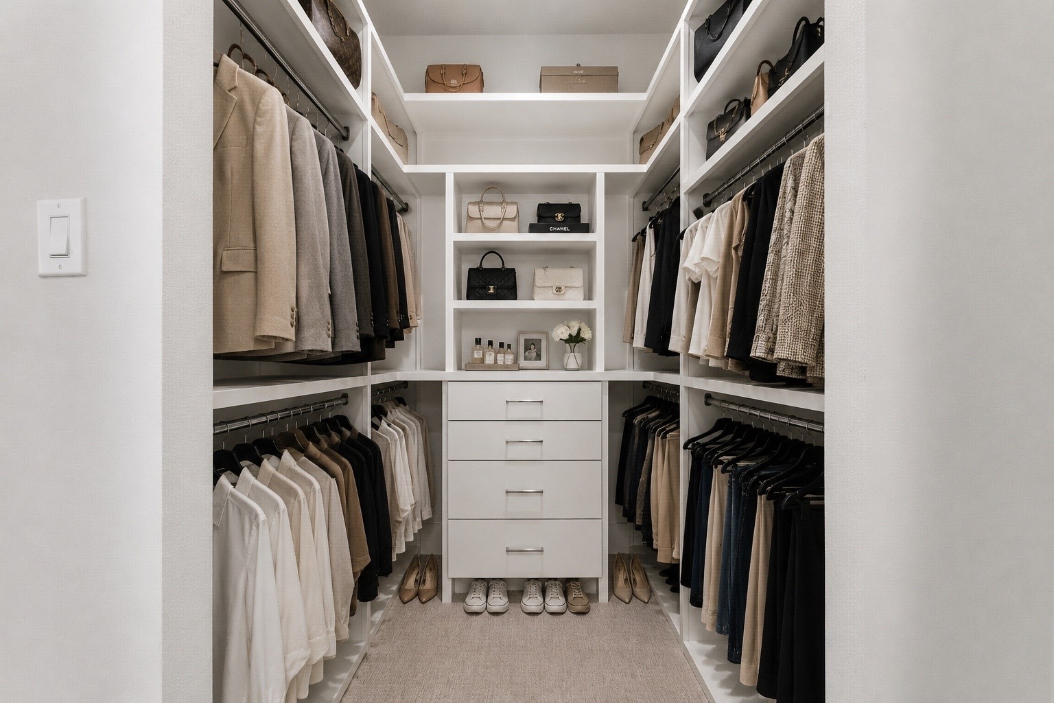 5317 Lambeth Riverside Drive Houston, TX 77091 - Photo 8 of 28 Purposefully Located - Between the primary bath, and laundry room, boutique style closet
His/Hers sides is both functional and stylish. Designed with organization in mind featuring
built-in shelving storages and drawers to hanging rods, custom shoe and handbag storage to
accommodate your needs. Endless organizational possibilities