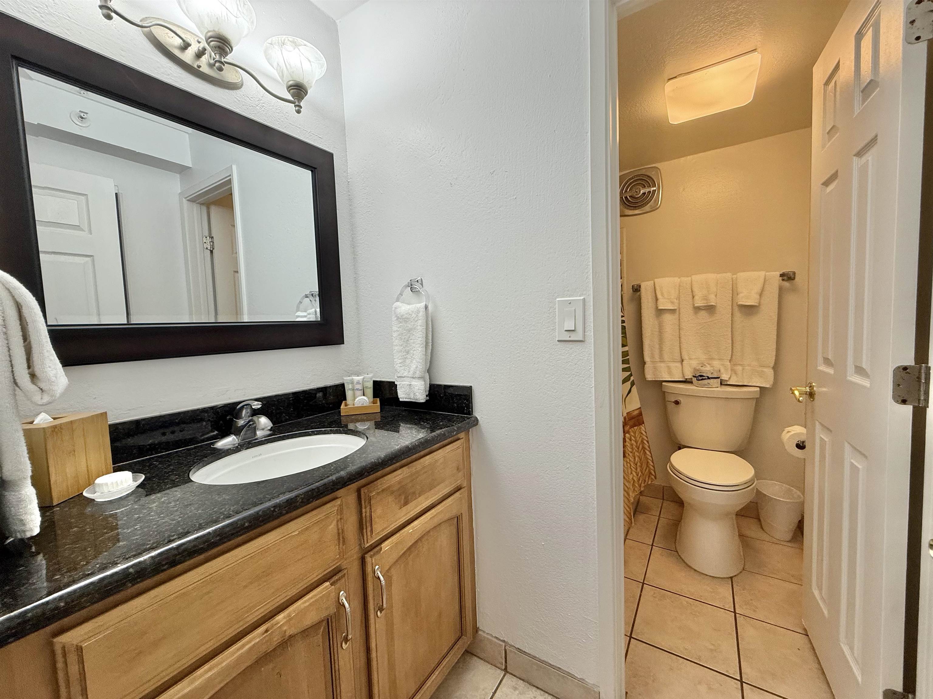4365 Lower Honoapiilani Road, Unit 801 Lahaina, HI 96761 - Photo 12 of 24 a bathroom with a granite countertop toilet sink and mirror