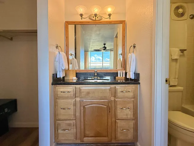a bathroom with a granite countertop sink and a mirror