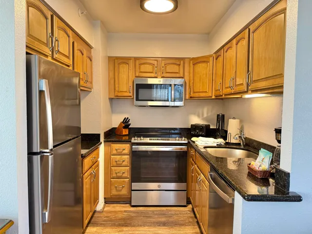 a kitchen with stainless steel appliances granite countertop a stove a refrigerator and a sink