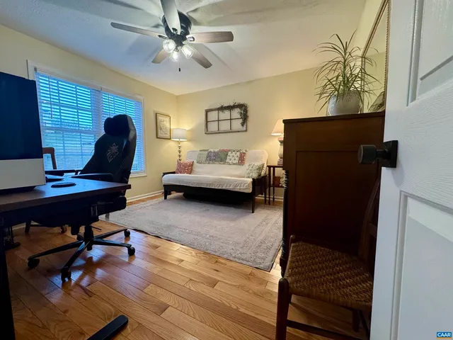 a view of a big yard with plants and large trees