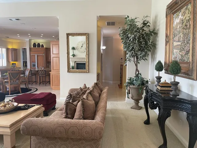 a living room with furniture and potted plants