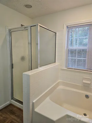 a bathroom with a bathtub and a shower