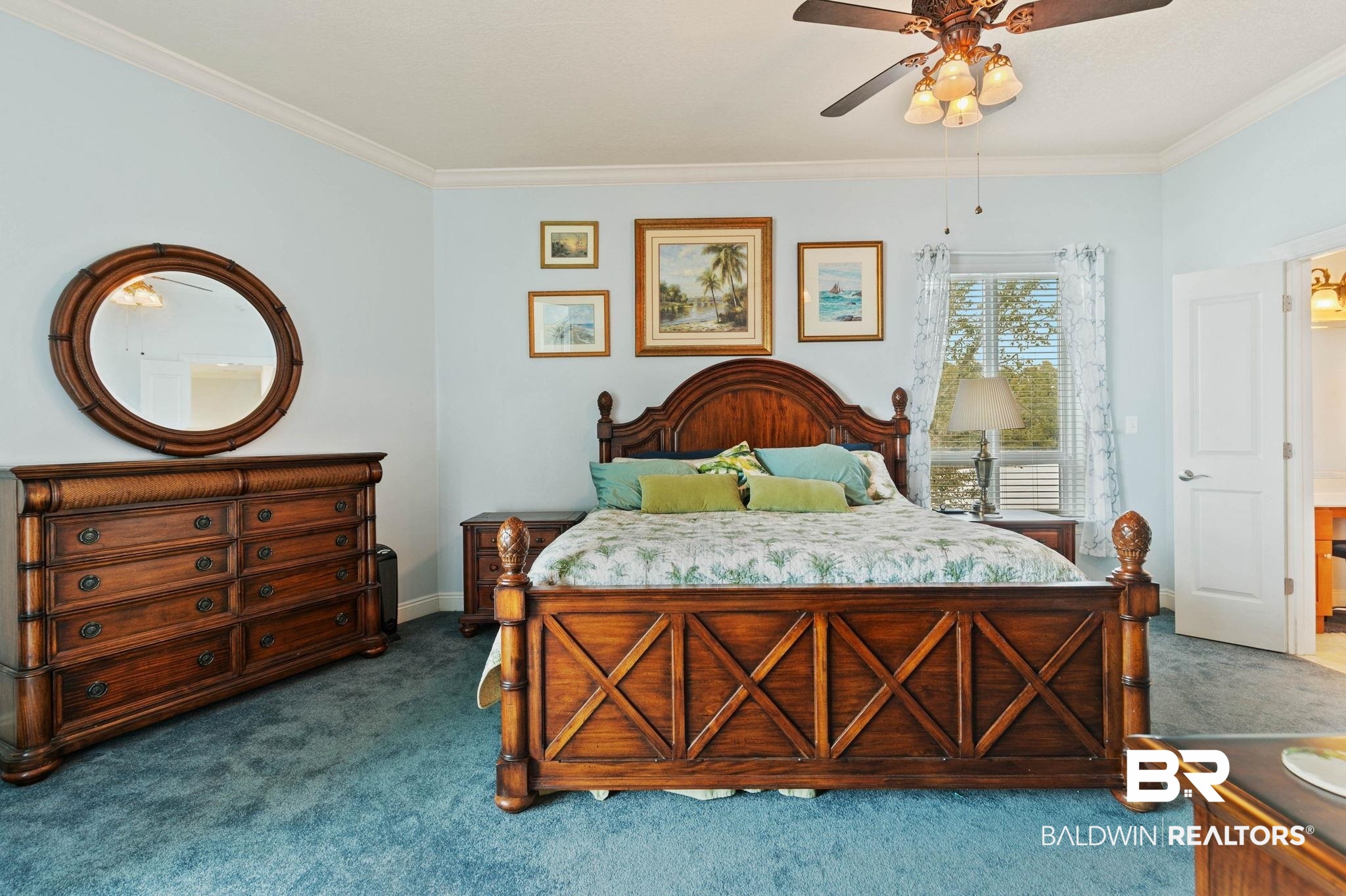 28250 Canal Road, Unit 208 Orange Beach, AL 36561 - Photo 25 of 53 Carpeted bedroom featuring a ceiling fan and ornamental molding
