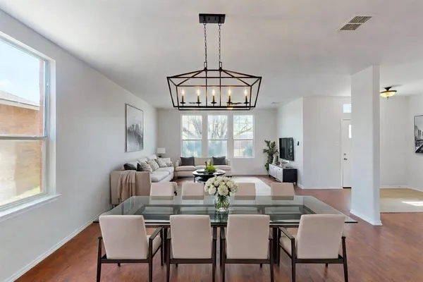 a view of a dining room with furniture window and wooden floor