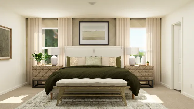 a bedroom with a bed lamp and a window