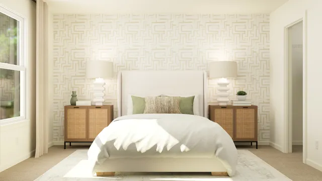 a large bed sitting in a bedroom next to a window and a mirror