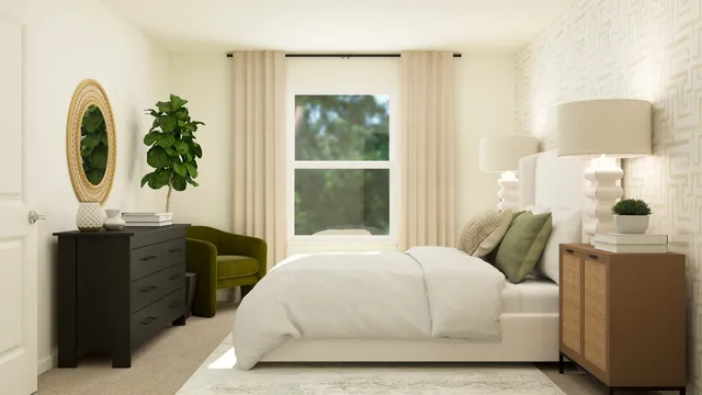 a bedroom with a bed mirror and window