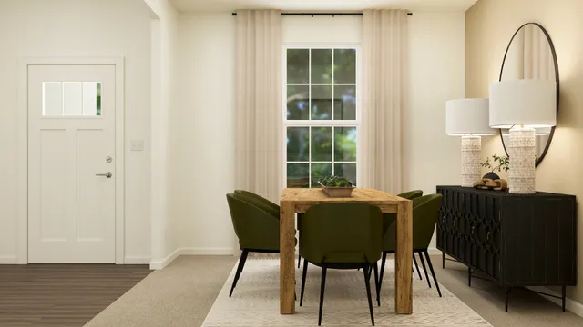 a dining room with furniture and window