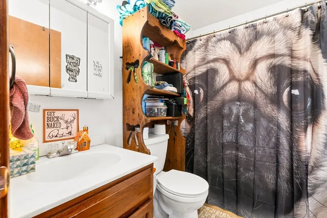 a bathroom with a toilet sink and mirror