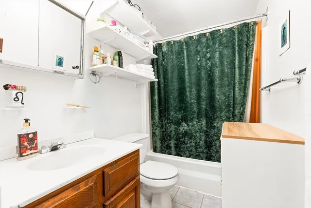 a bathroom with a sink a toilet and shower curtain