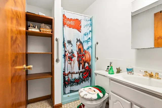 a bathroom with a toilet a sink and a shower curtain
