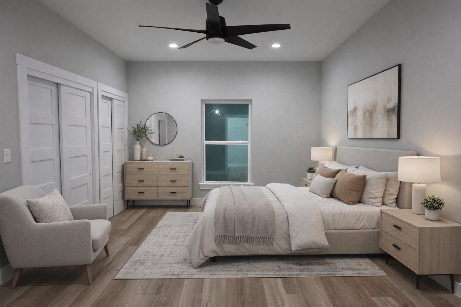 516 North Hackberry Avenue Luling, TX 78648 - Photo 3 of 36 Bedroom with wood finished floors, a ceiling fan, and recessed lighting
