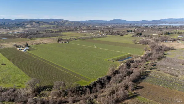 a view of a field with an ocean view