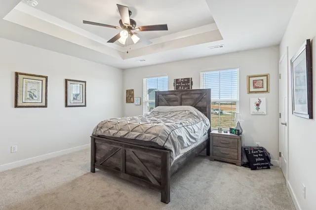 a bedroom with a bed and a chandelier