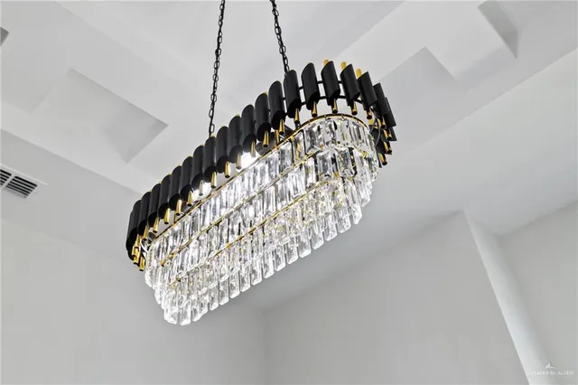 a close view of a chandelier fan