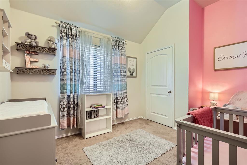 504 Thunder Trail Forney, TX 75126 - Photo 14 of 23 This room features a window with blinds and patterned curtains, carpeted flooring, and a white door