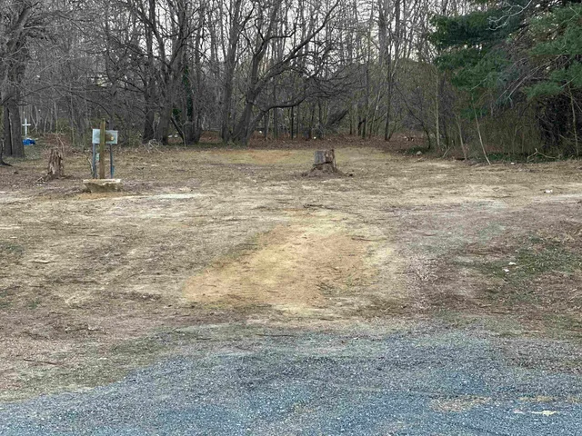 a backyard of a house with trees and wooden fence