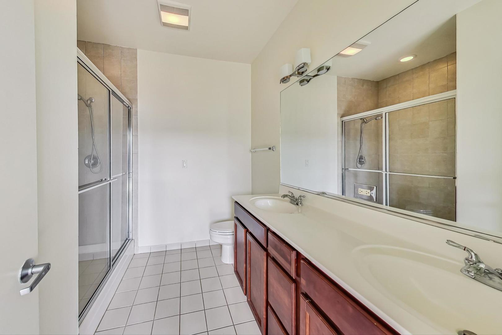 1151 West 14th Place, Unit 404 Chicago, IL 60608 - Photo 11 of 28 a bathroom with a granite countertop sink a mirror and a shower