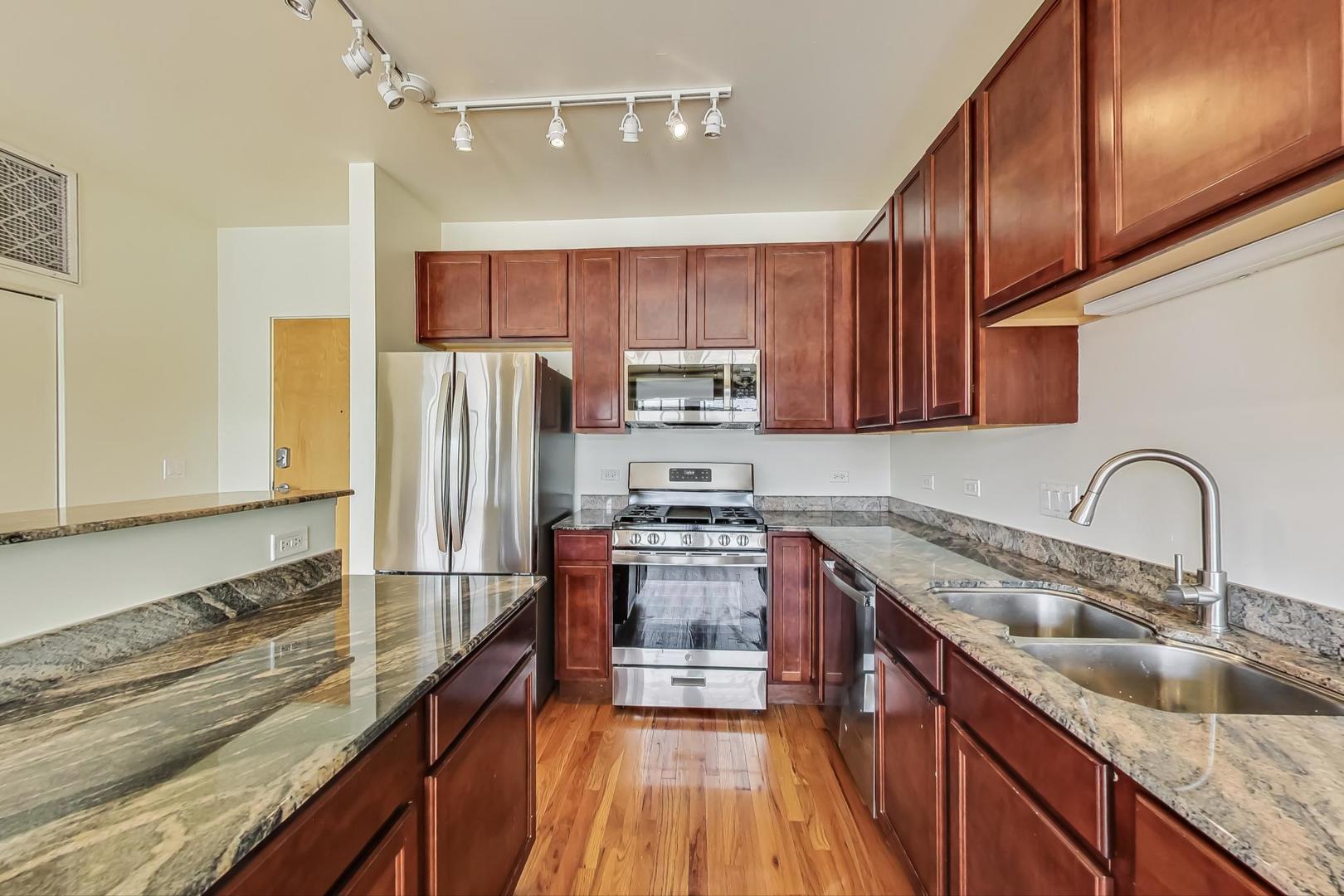 1151 West 14th Place, Unit 404 Chicago, IL 60608 - Photo 6 of 28 a kitchen with kitchen island granite countertop a sink stainless steel appliances and cabinets