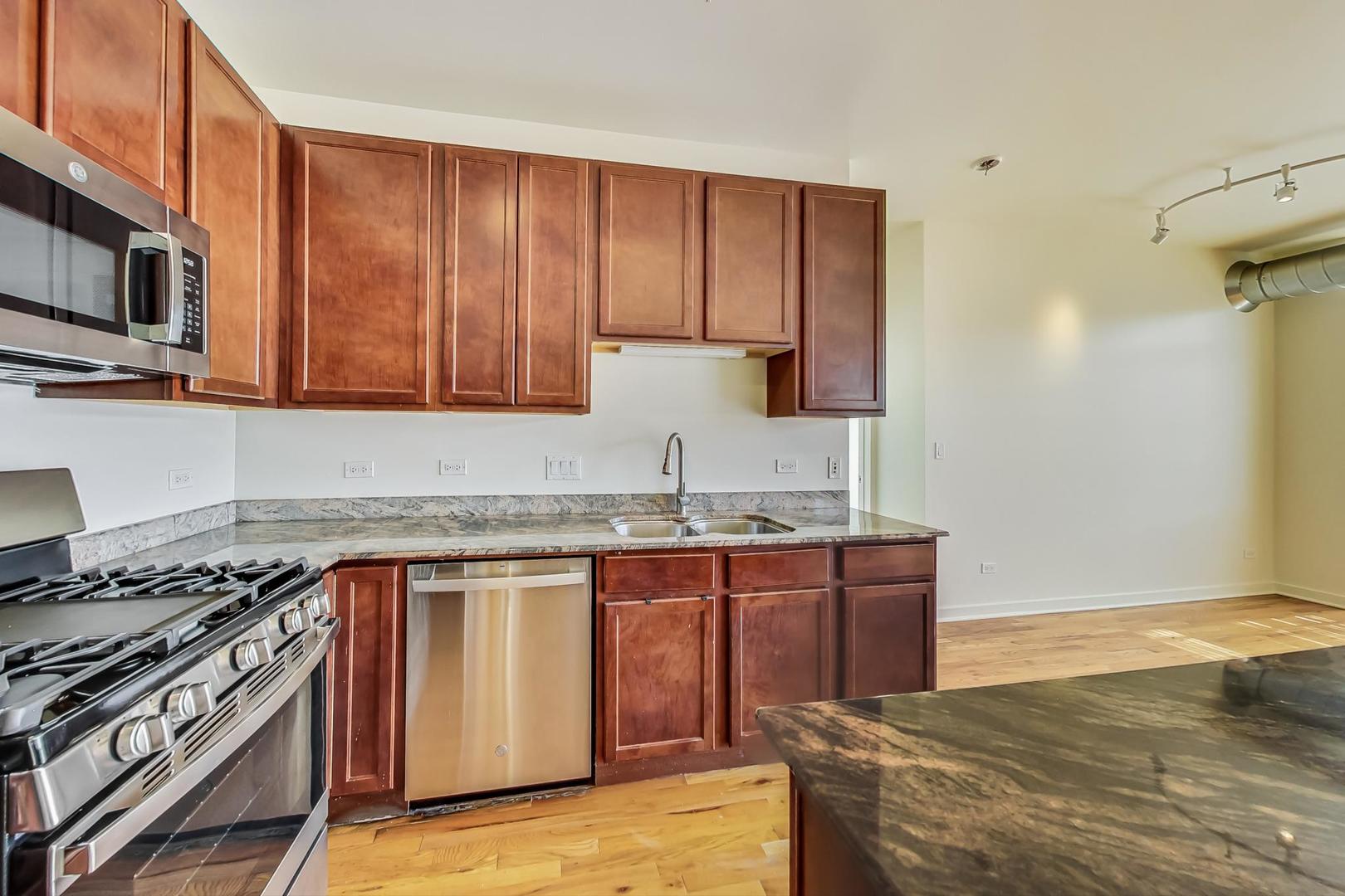 1151 West 14th Place, Unit 404 Chicago, IL 60608 - Photo 7 of 28 a kitchen with stainless steel appliances granite countertop a stove and a sink