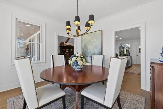 a view of a dining room with furniture