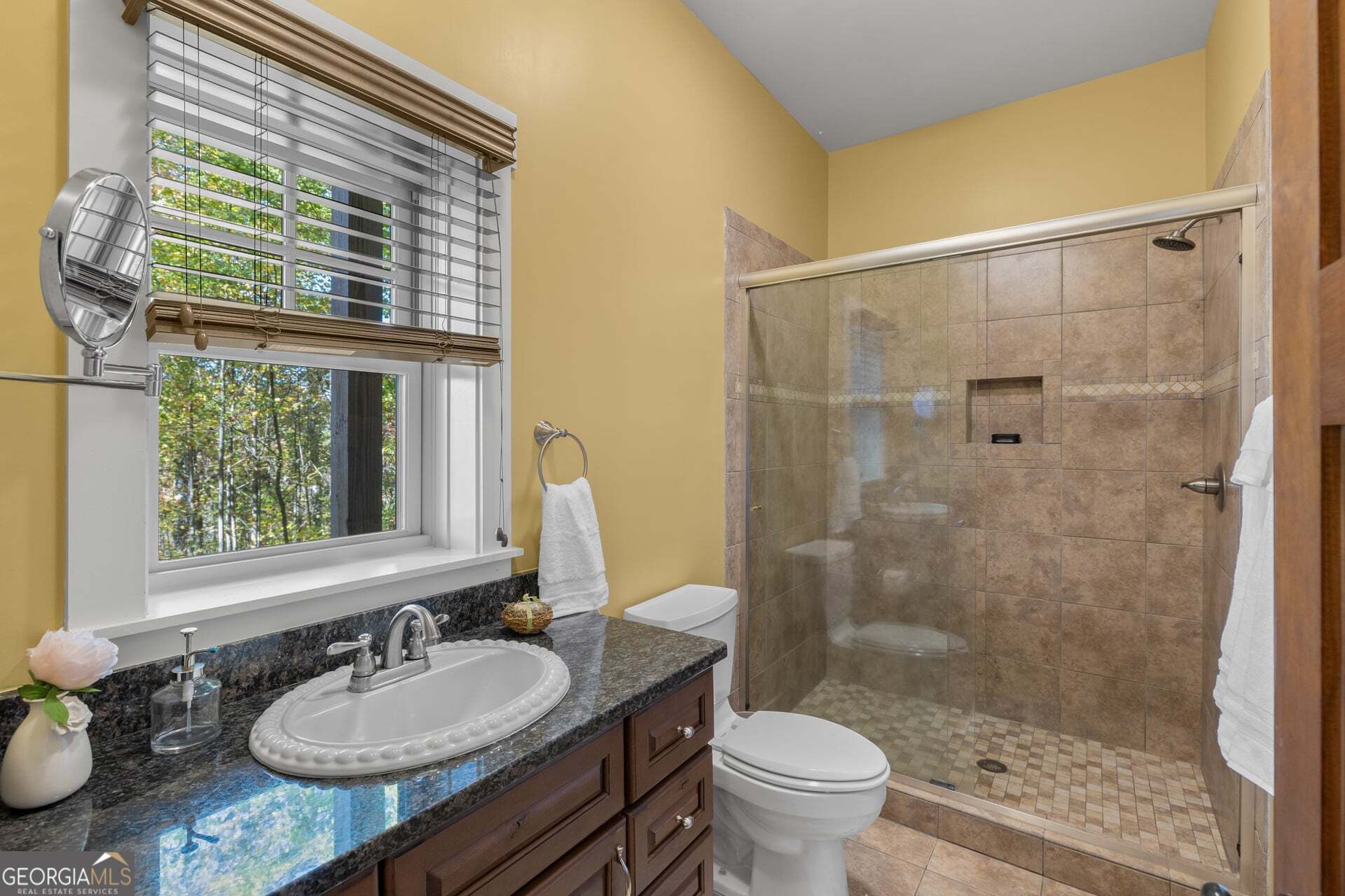 2473 Highland Gap Road Scaly Mountain, NC 28775 - Photo 65 of 93 a bathroom with a granite countertop sink toilet a mirror and shower