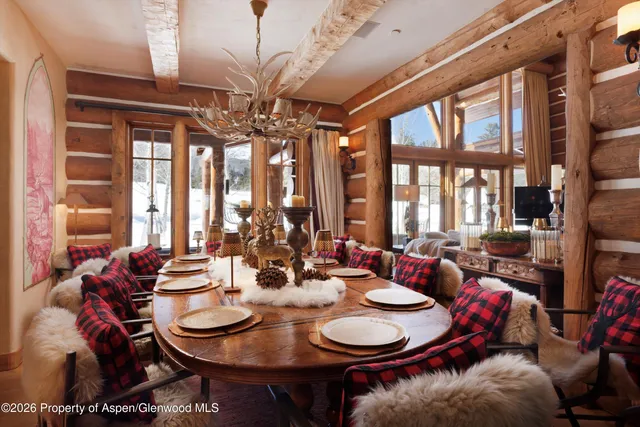 a view of a dining room with furniture